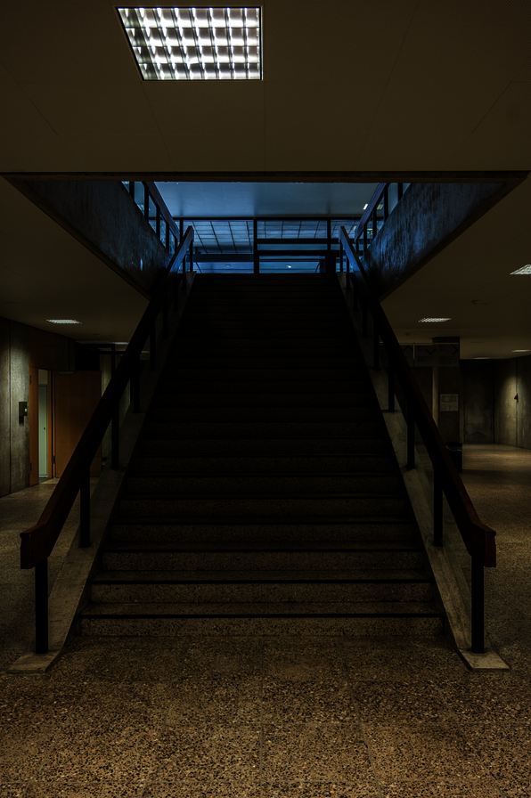 Eine Treppe in der PH. Der Bildausschnitt ist so gewählt, das ein kleiner Blick ins Erdgeschoss und auf die Ausgangstüren fällt.