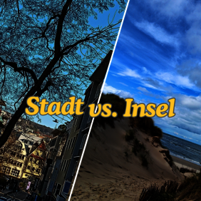 Städtepanorama und Strandpanorama im Kontrast zu einandern