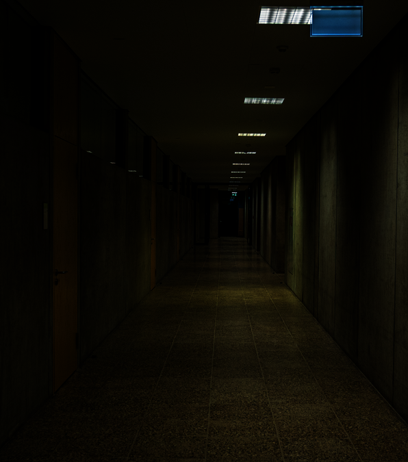 Ein langer Gang mit Türen auf der linken Seite. Das Bild