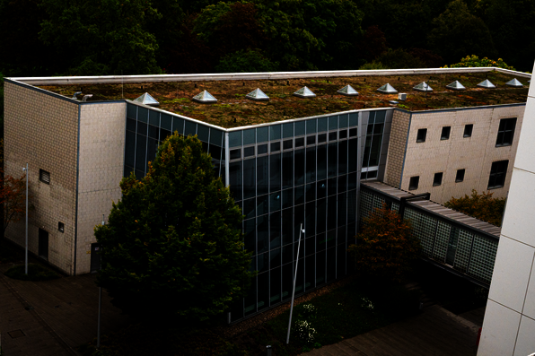 Das bIld zeigt Gebäude 7 der Pädagogischen Hochschule. Ein modern aussehendes Gebäude mit einer eingesetzten Glasfassade und einer Brücke zu einem anderen Gebäude.