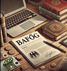 Schreibtisch mit BAföGantrag, Laptop, Bücher und Geld.